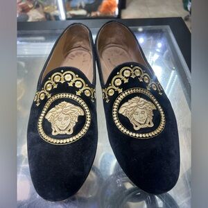 Versace Black Loafers with Gold Medusa Embroidery